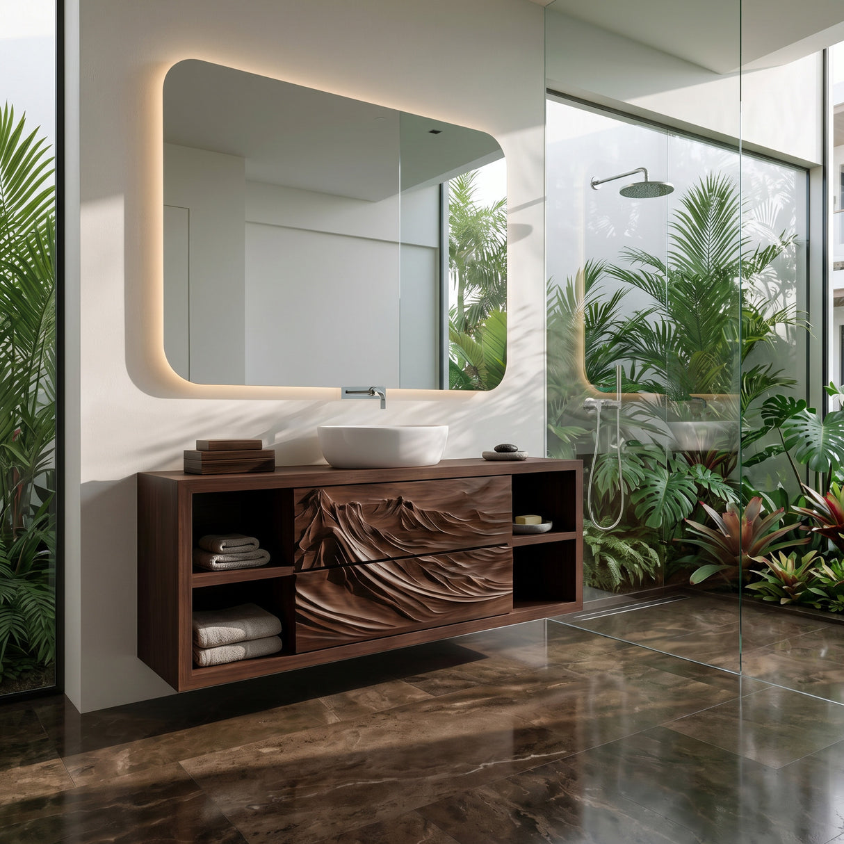 Luxury Mountain Carved Floating Bathroom Vanity For Spa Bathroom