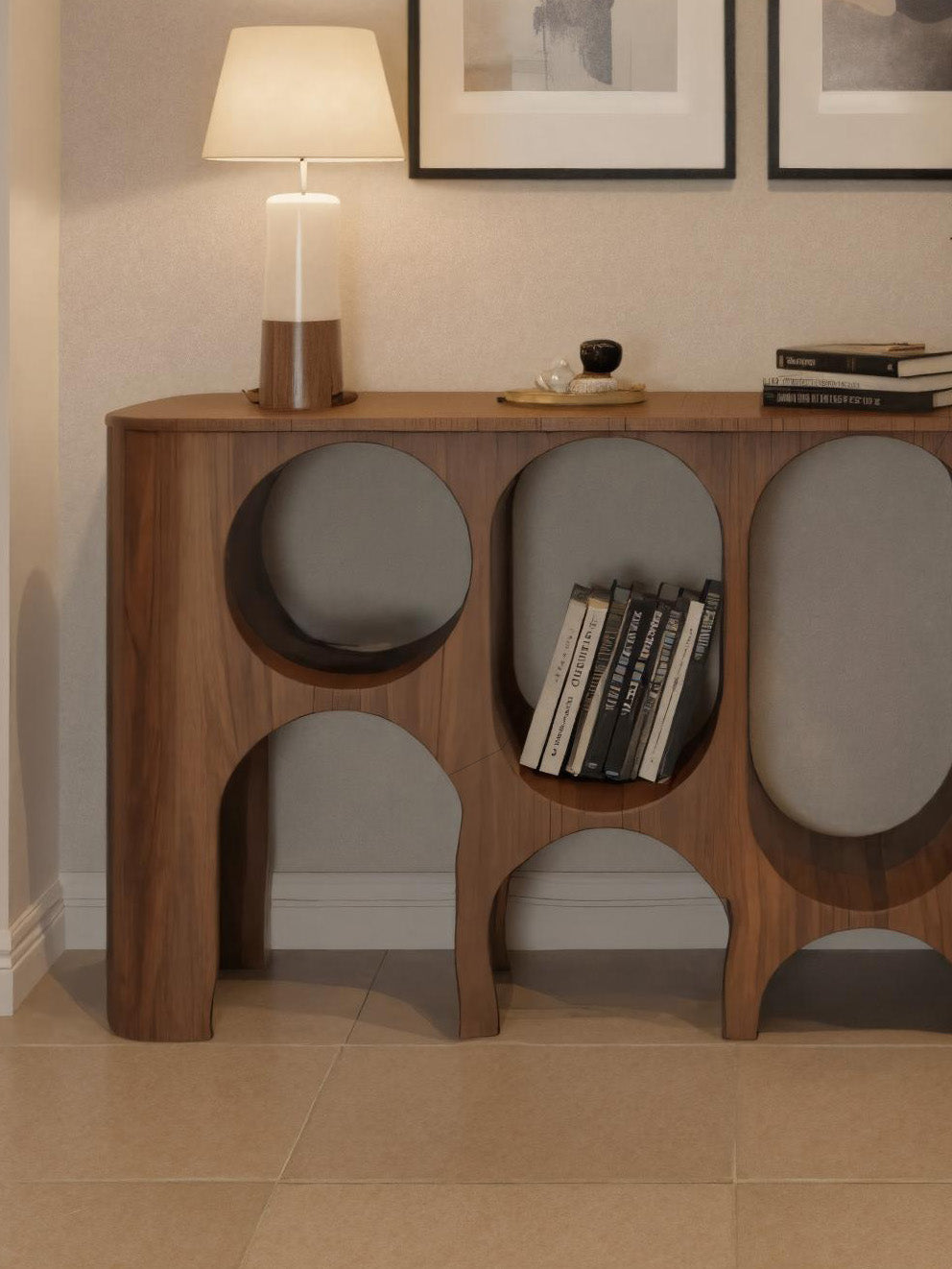 Modern Carved Console Table With Circular Cutout For Entryway