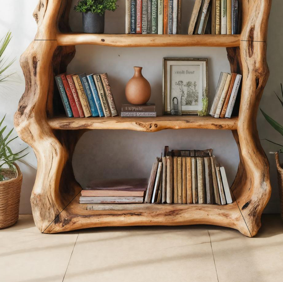 Rustic Sculptural Wooden Bookshelf With Carved Frame For Living Room Or Library