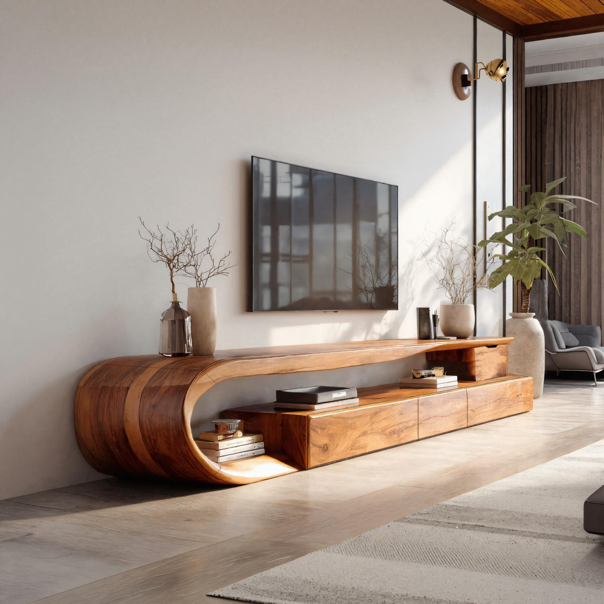 Modern Curved TV Console With Drawer For Living Room