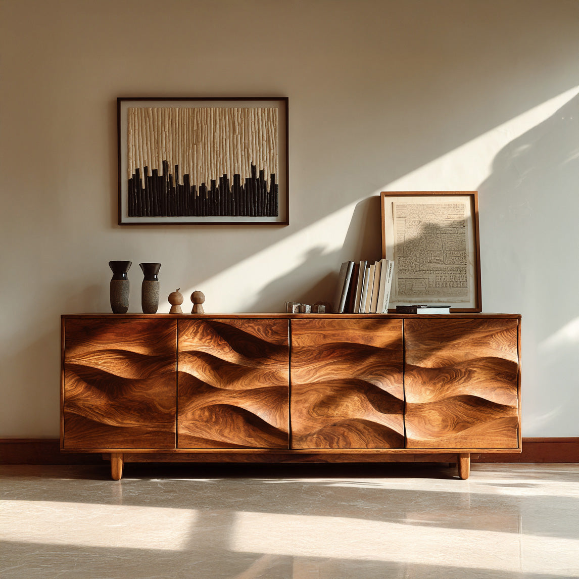Rustic Wooden Sideboard With Undulating Doors For Living Room