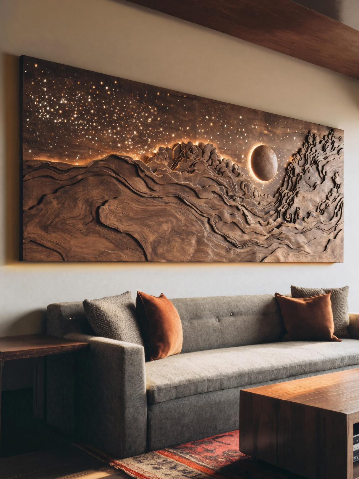 Hand Carved Wall Art With LED Eclipse Design For Living Room