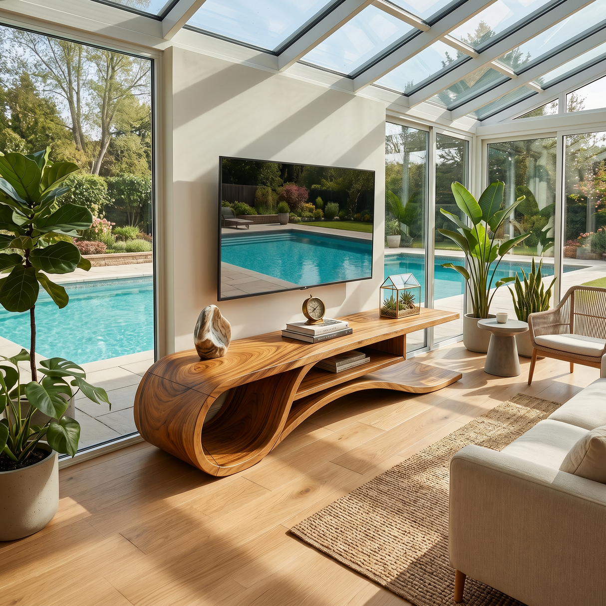 Rustic Curved Media Console For Mediterranean Interior