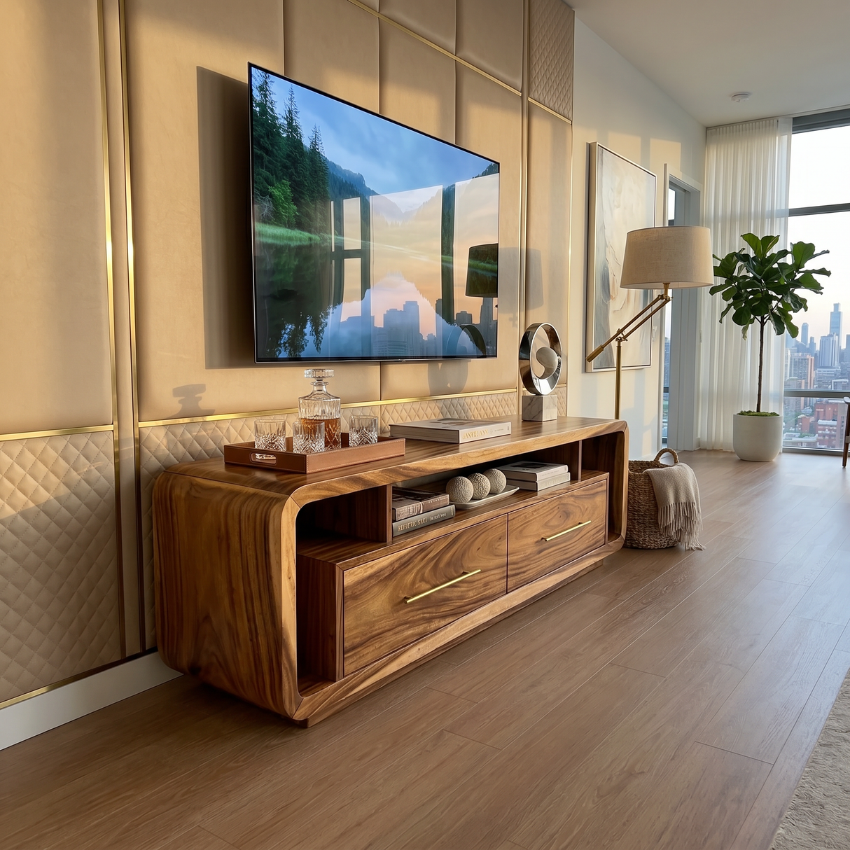 Luxury Walnut Media Console For Contemporary Master Suite Interior