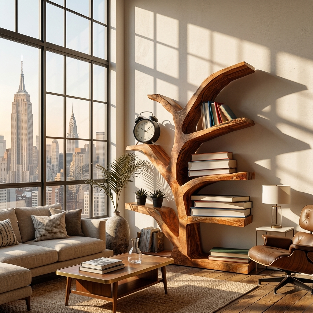 Wooden Bookshelf With Organic Form For Living Area
