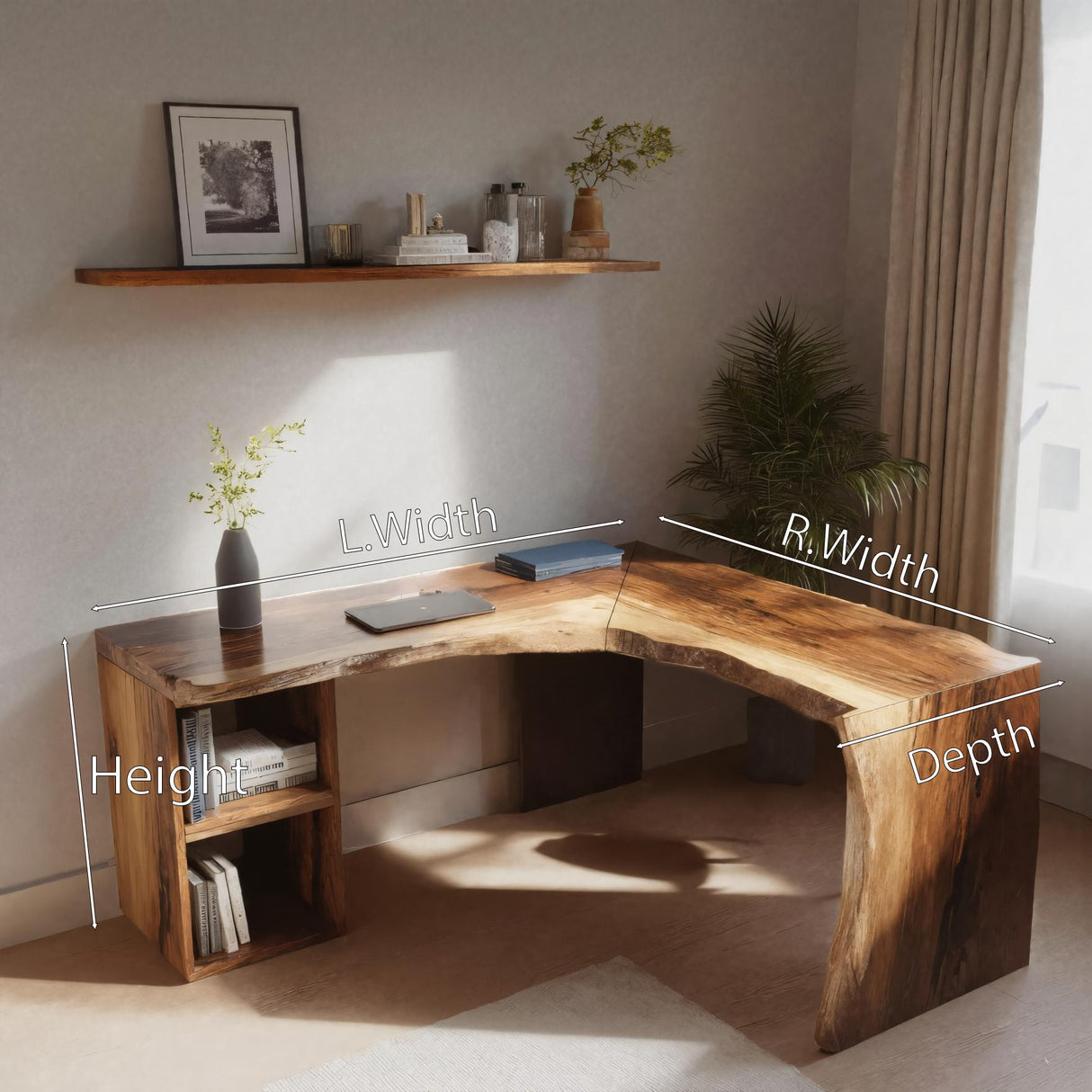 Rustic Live Edge L Shaped Desk With Bookshelf For Workspace