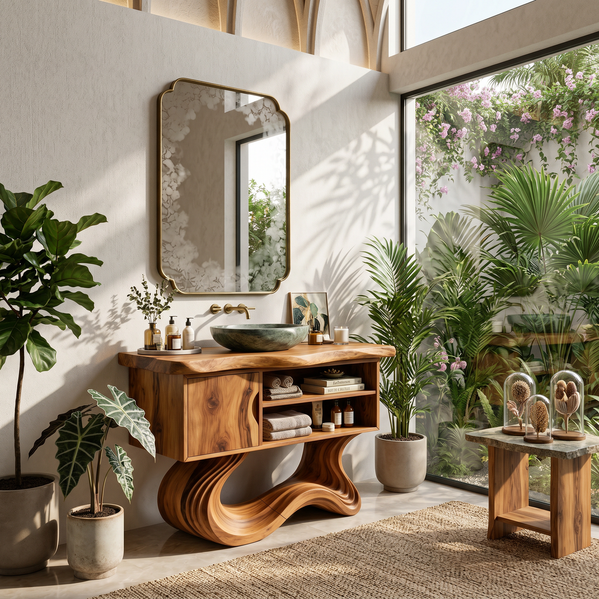 Scandinavian Carved Vanity With Display Shelf For Interior