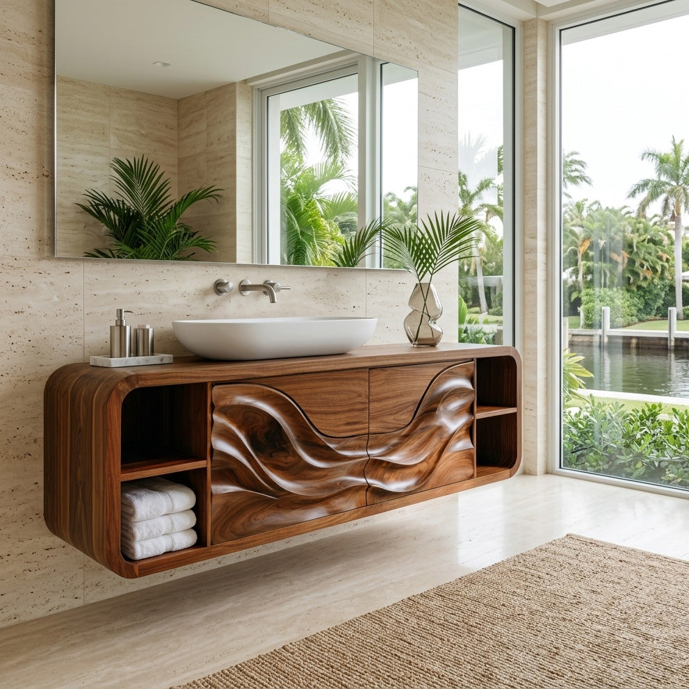Organic Floating Bathroom Cabinet With Open Shelves For Spa Bathroom