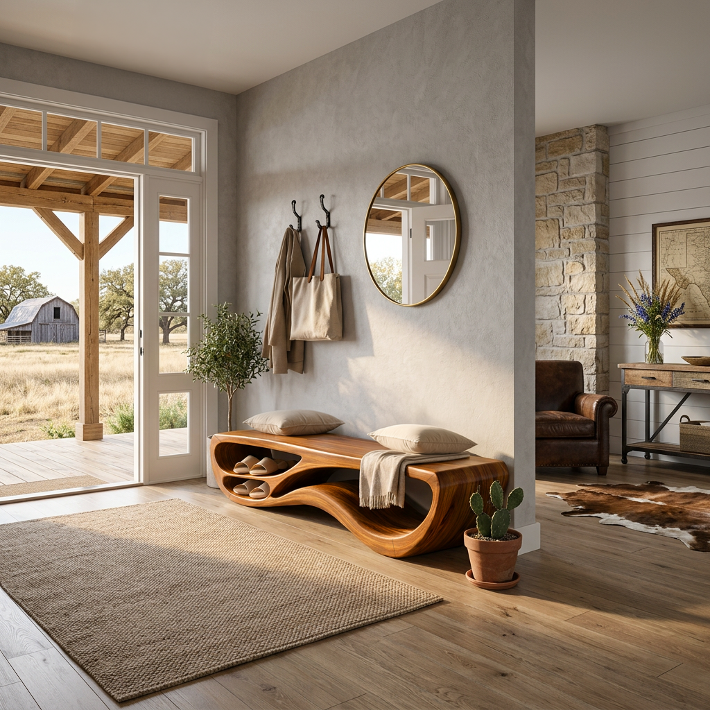Sculptural Natural Wood Bench With Integrated Shelving For Hallway