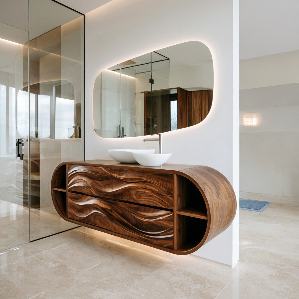 Luxury Wave Carved Bathroom Vanity With Open Storage For Bathroom