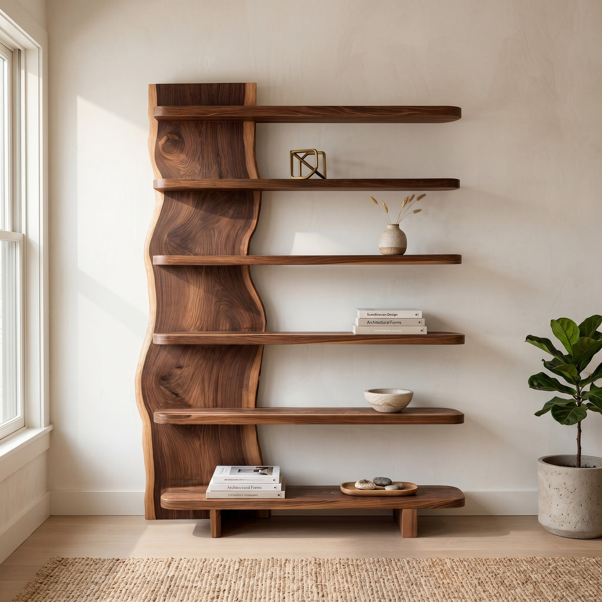 Modern Organic Wooden Standing Shelf For Lounge Area