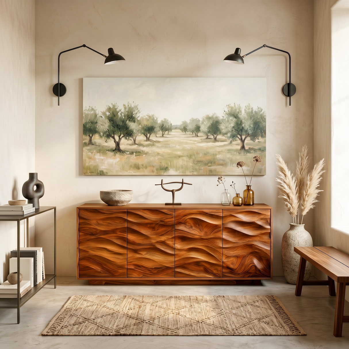 Minimalist Wooden Wave Carved Sideboard For Home