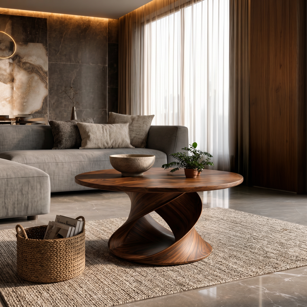 Round Coffee Table With Spiral Base For Contemporary Interior