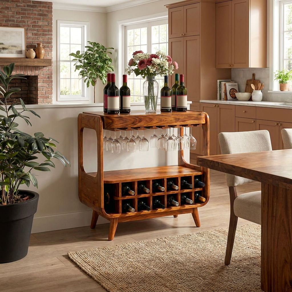 Handcrafted Wooden Wine Cabinet With Storage For Dining Room