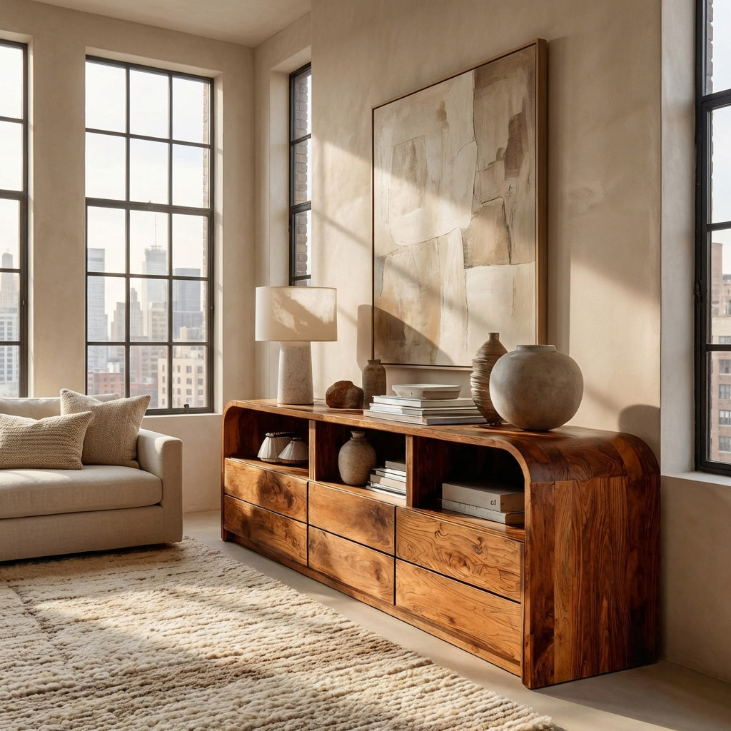 Modern Natural Wood Sideboard With Open Shelf For Home