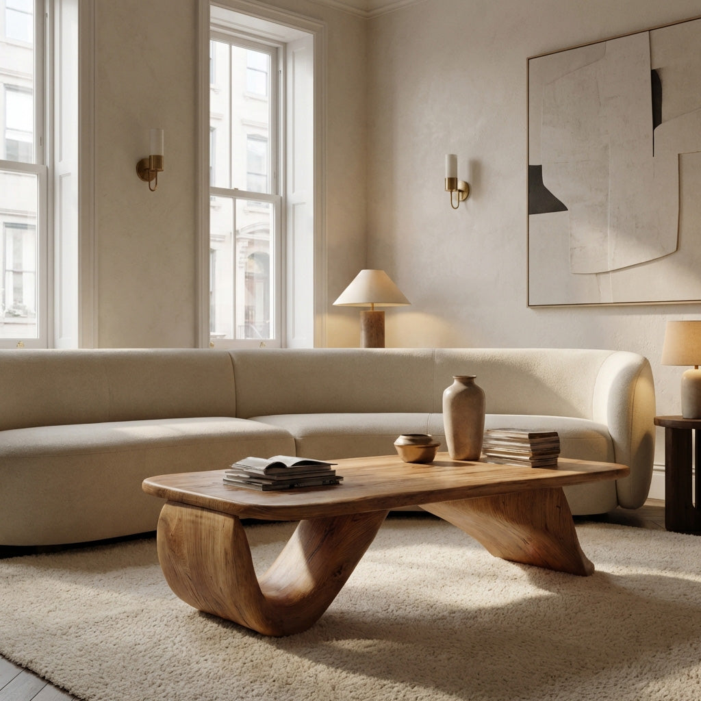 Organic Wood Coffee Table With Sculpted Curved Base For Living