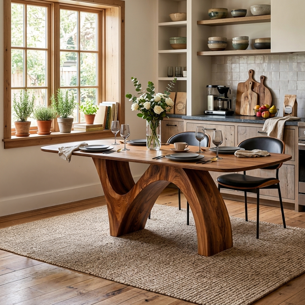 Farmhouse Wooden Dining Table With Organic Shape For Kitchen
