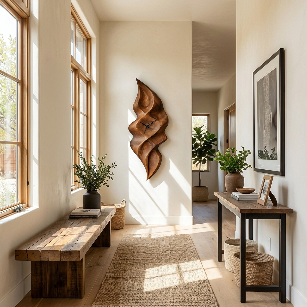 Contemporary Wood Wall Clock With Wave Sculpture For Minimalist Bedroom