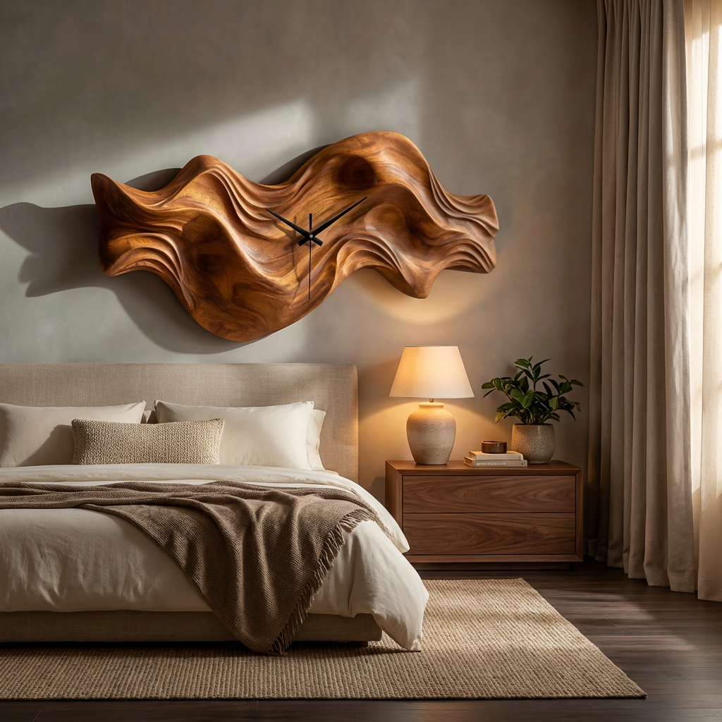 Modern Wooden Clock Organic Wave Design For Cozy Bedroom Space