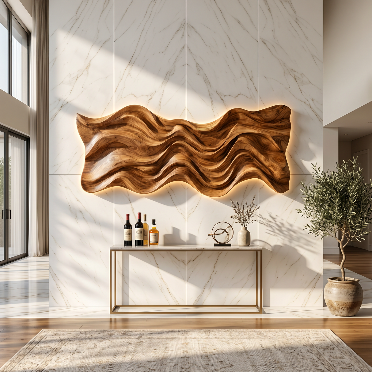 Modern Wood Wall Art With Wave Sculpture For Living Room