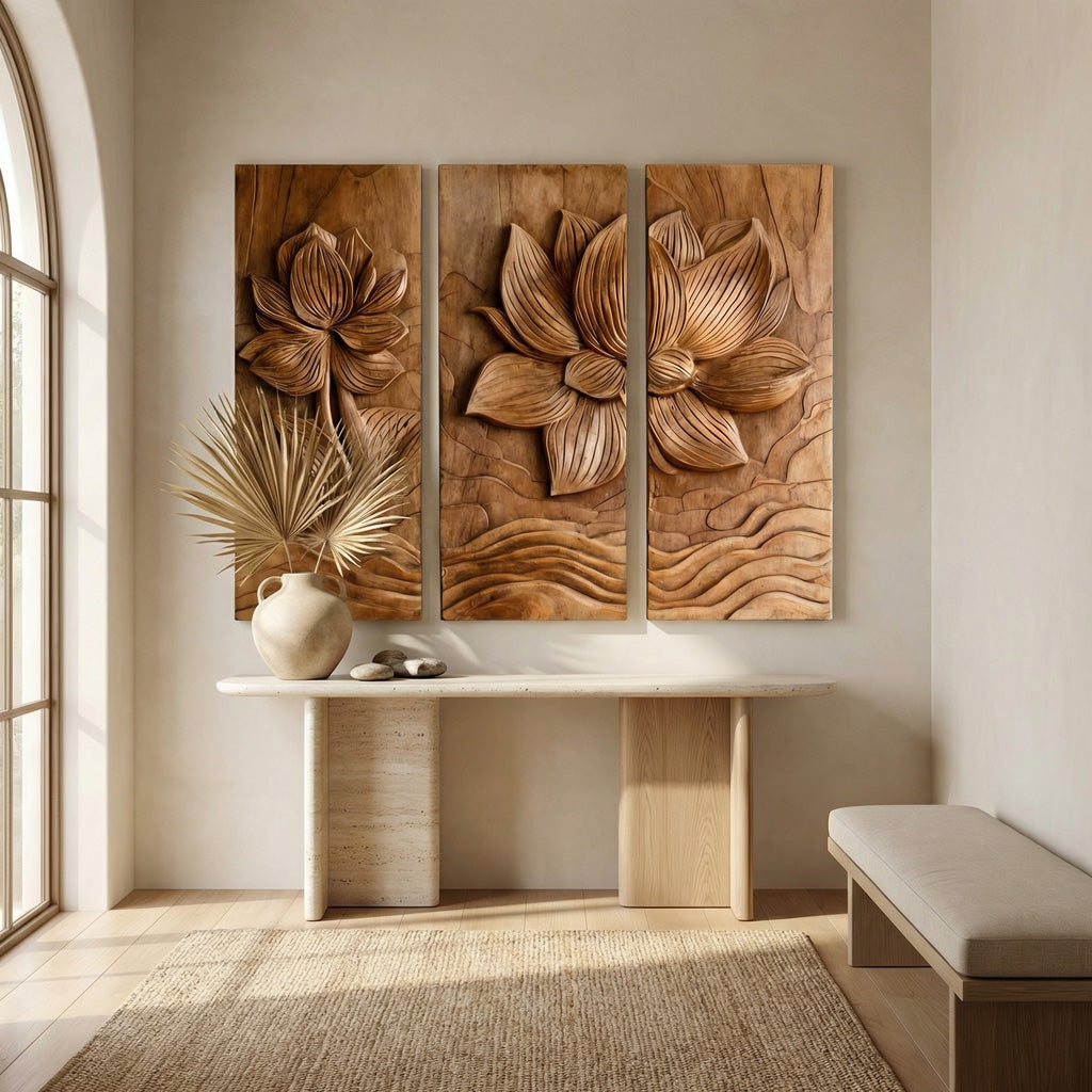 Modern Organic Lotus Wood Wall Art Set For Living Room