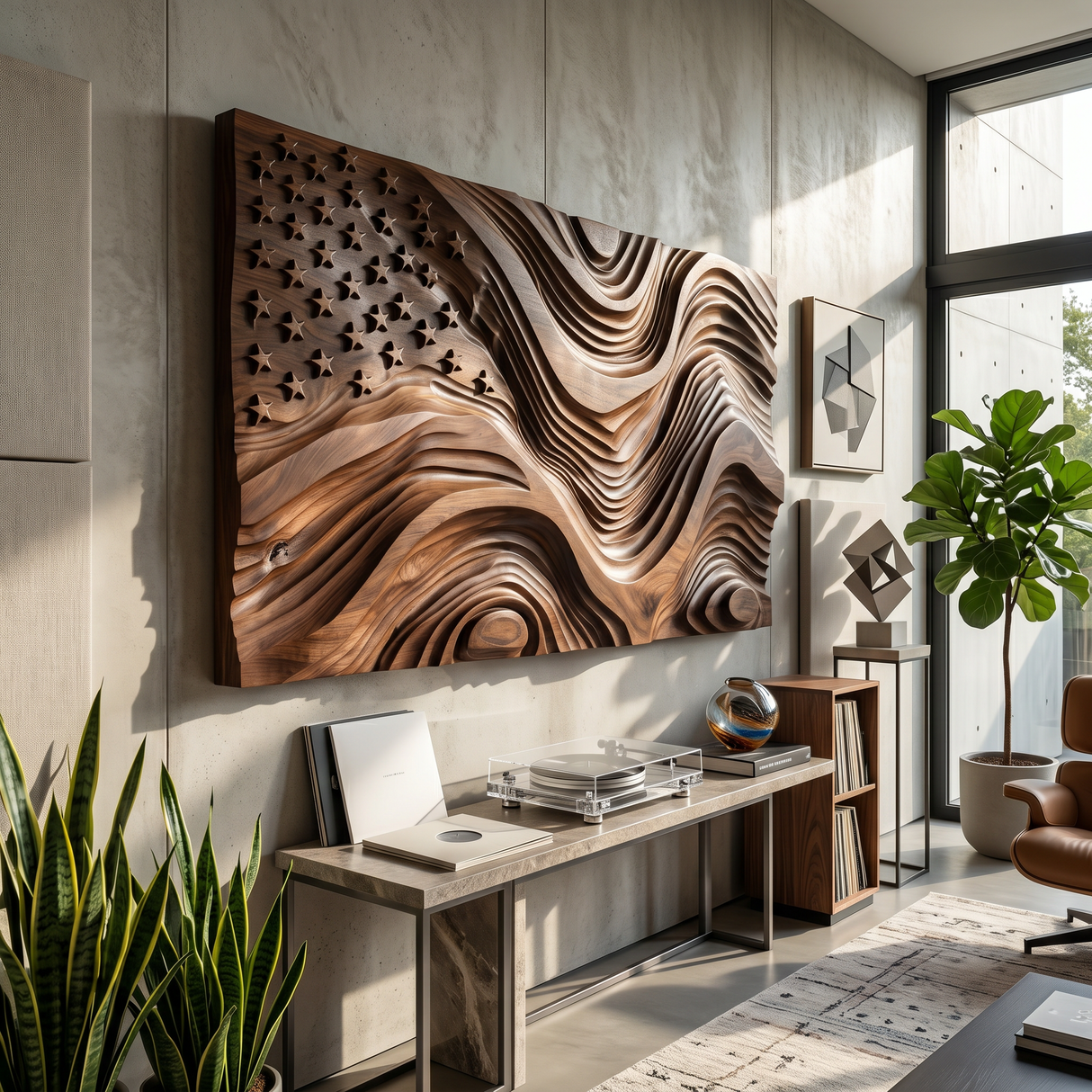 Rustic American Flag Wall Panel With Wave Relief For Living Room