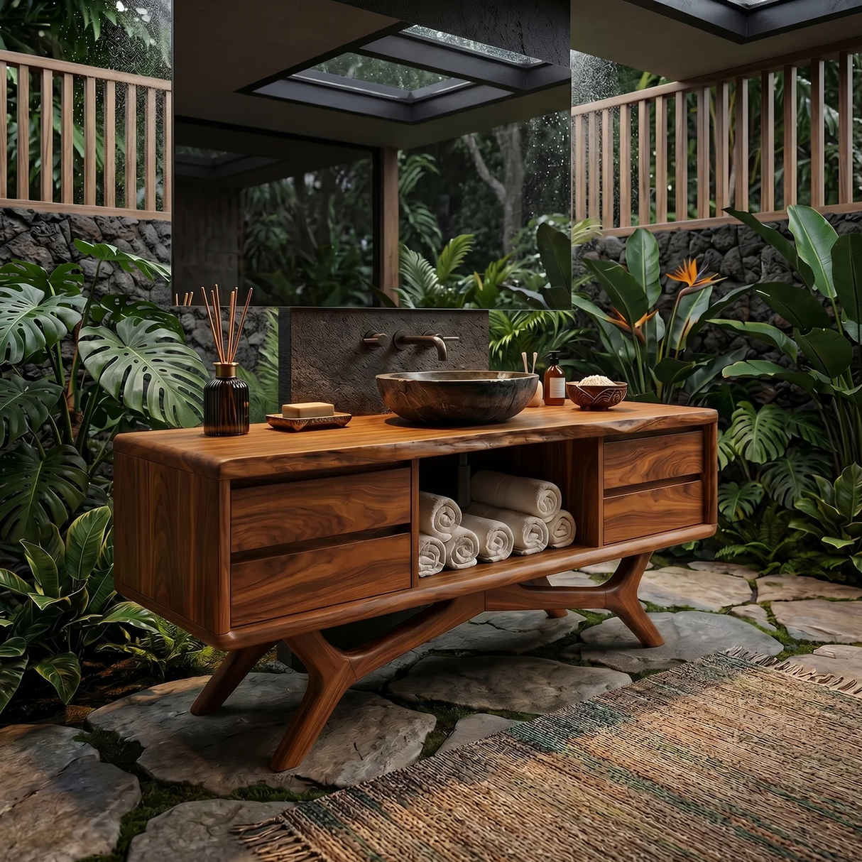 Warm Wood Vanity Cabinet With Storage Spa Bathroom