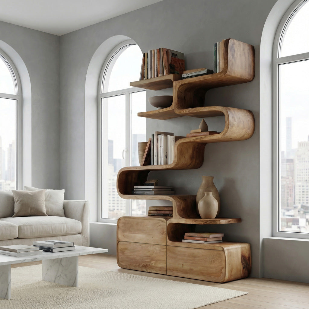 Scandinavian Sculptural Wooden Bookshelf For Living Room