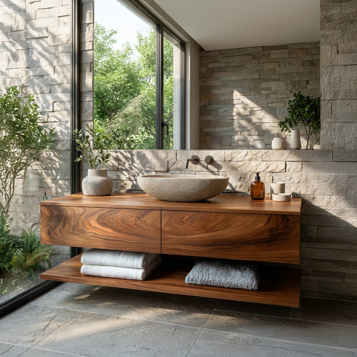 Minimalist Natural Wood Wall Mounted Bathroom Vanity For Bathroom