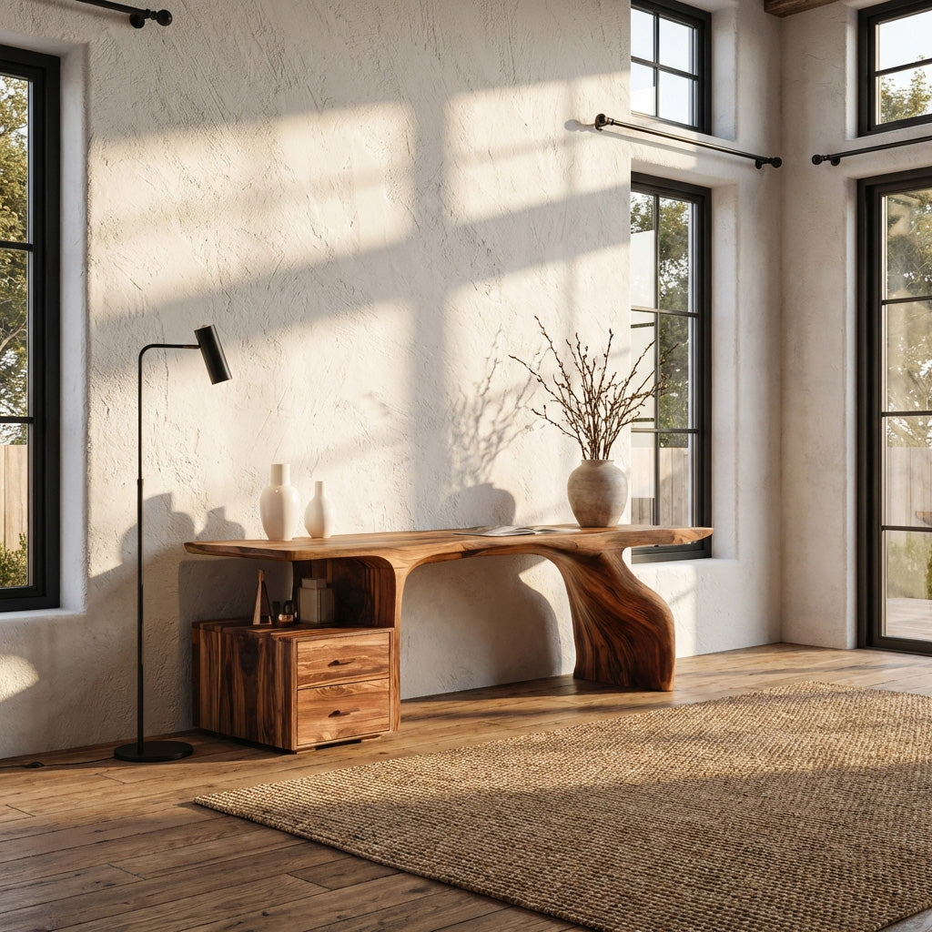 Organic Live Edge Wood Desk With Storage Drawers For Workspace