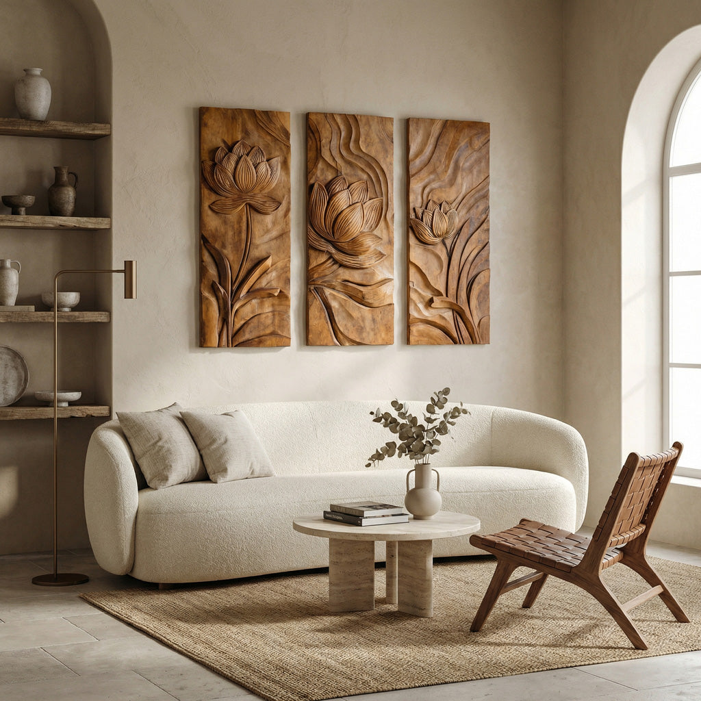 Scandinavian Minimalist Carved Wood Floral Art For Living Room