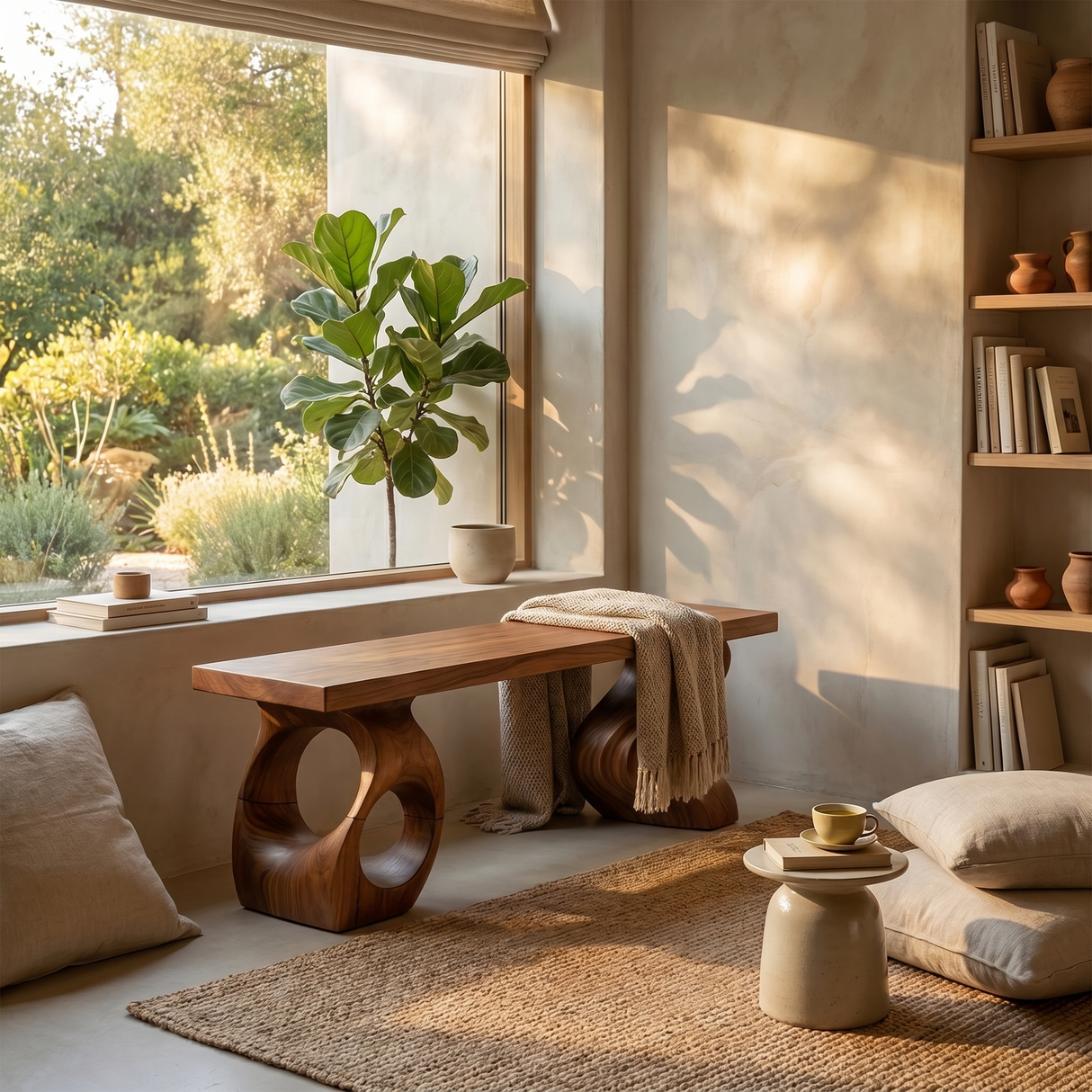 Modern Sculptural Twisted Base Bench For Living Interior Space