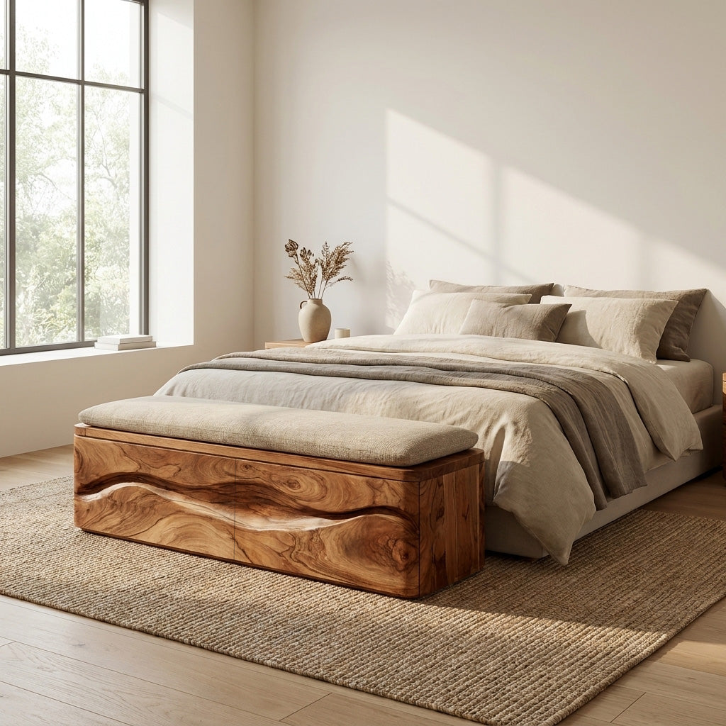 Modern Natural Wood Storage Bench For End Of Bed