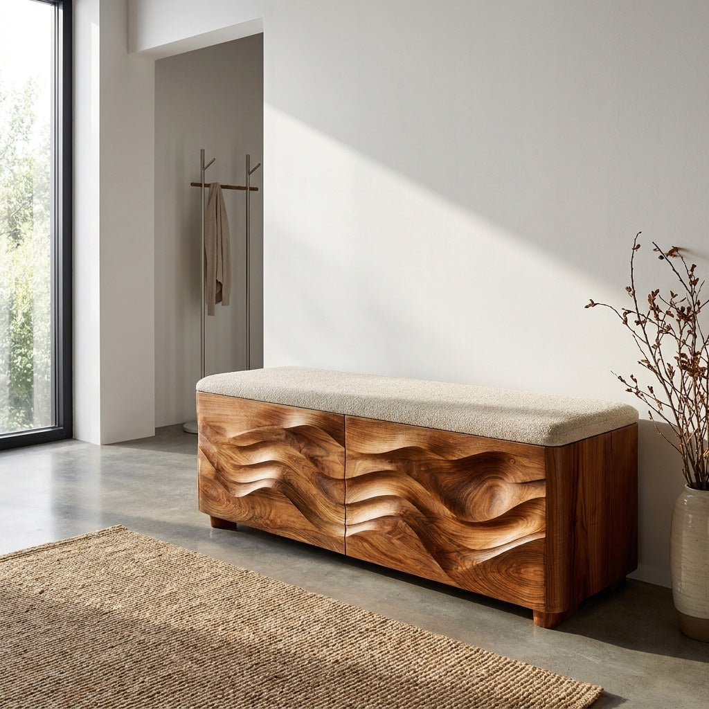 Organic Natural Wood Storage Bench For End Of Bed