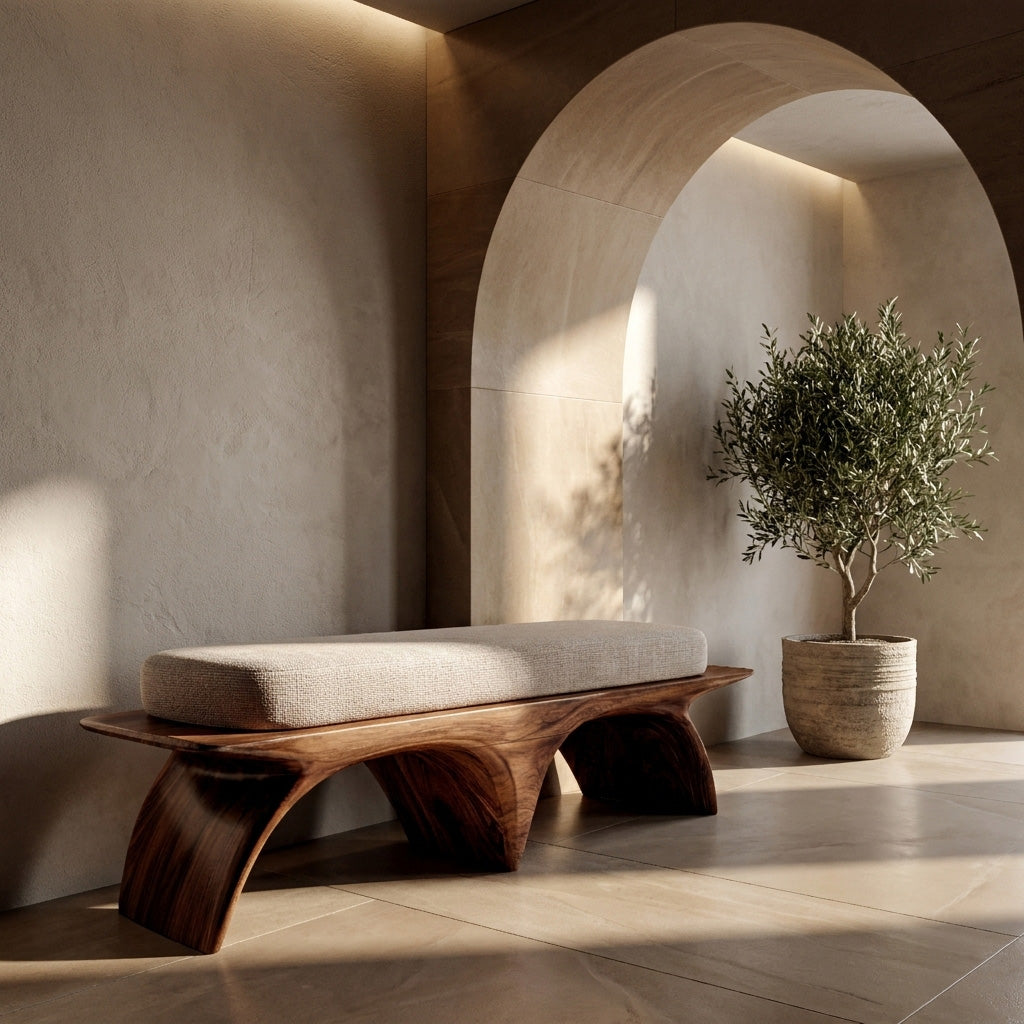 Modern Organic Wooden Sculptural Bench For Living Room