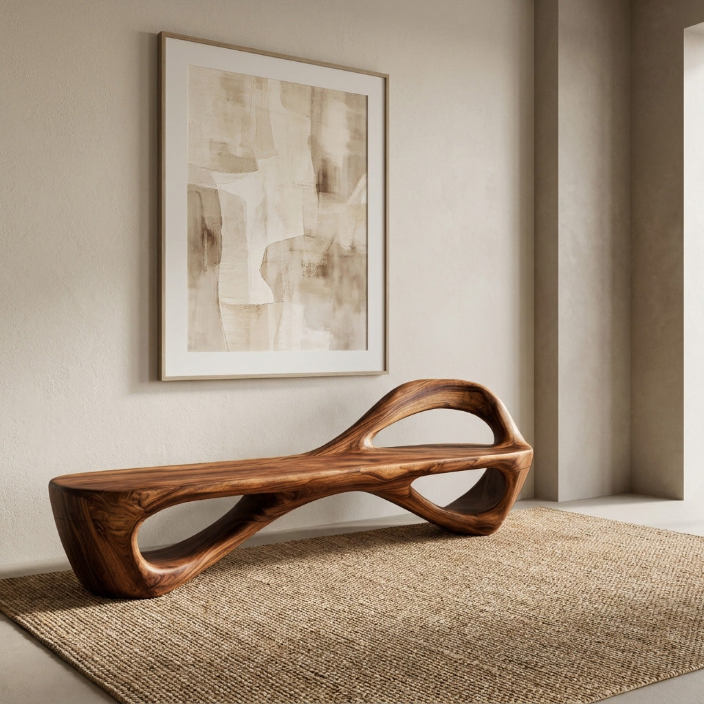Handcrafted Sculptural Wooden Bench For Living Room Space