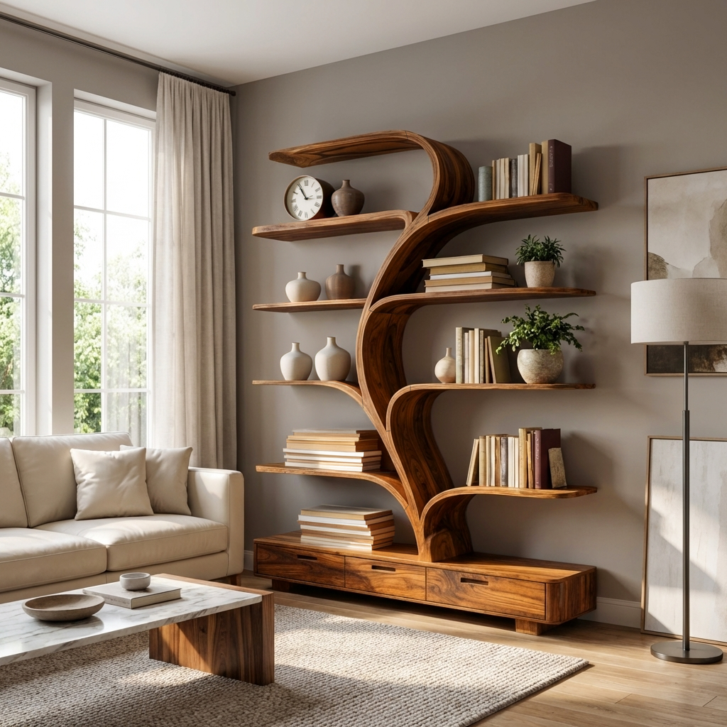 Organic Natural Wood Bookshelf Branch Shape For Home Decor