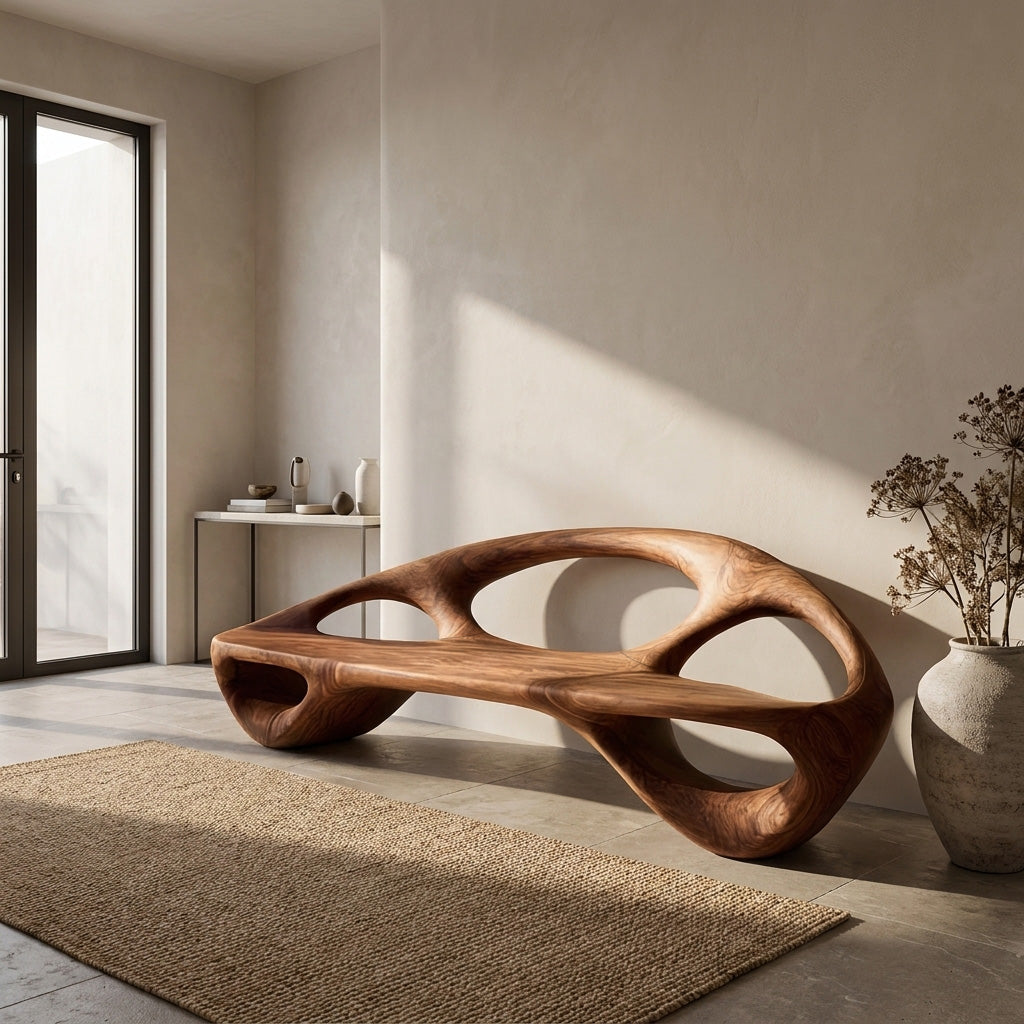 Minimalist Wood Bench With Sculptural Backrest For Living Room