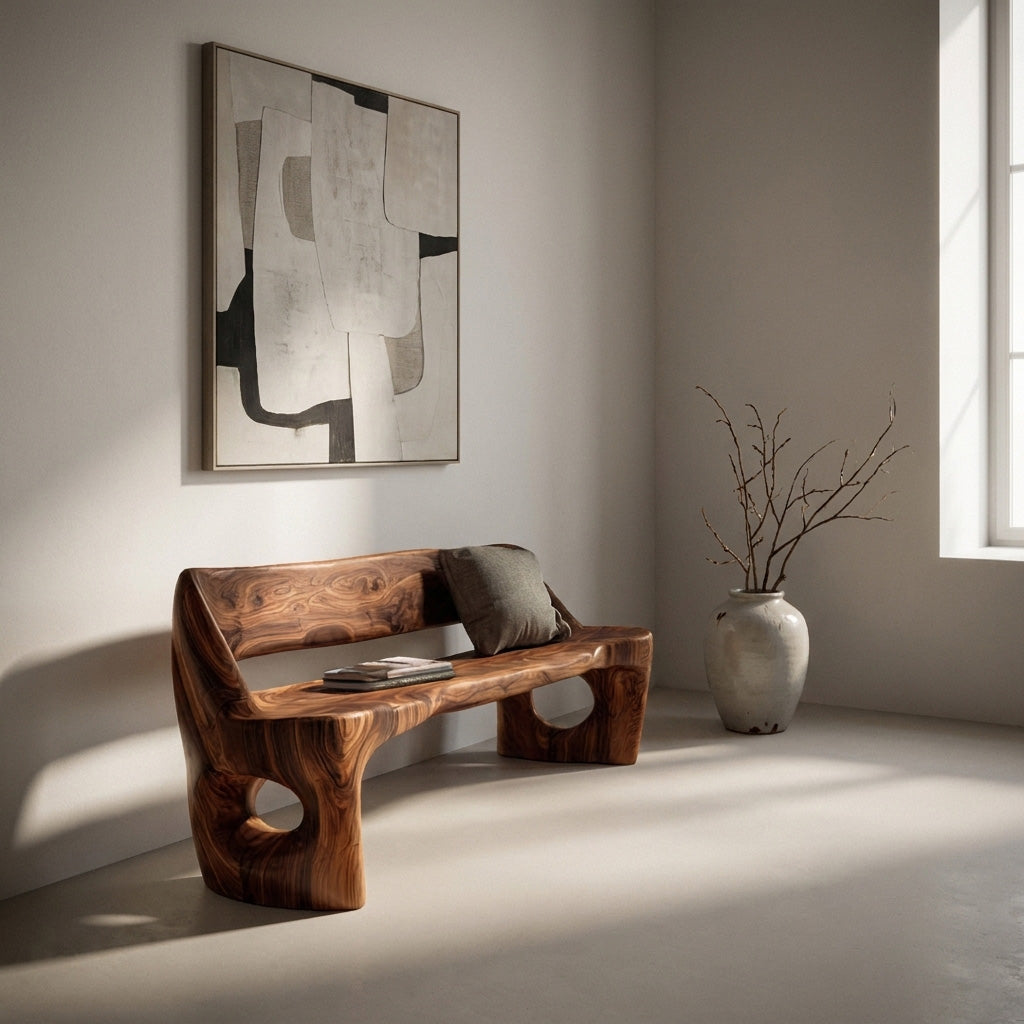 Modern Natural Wood Statement Seating Bench For Living Room