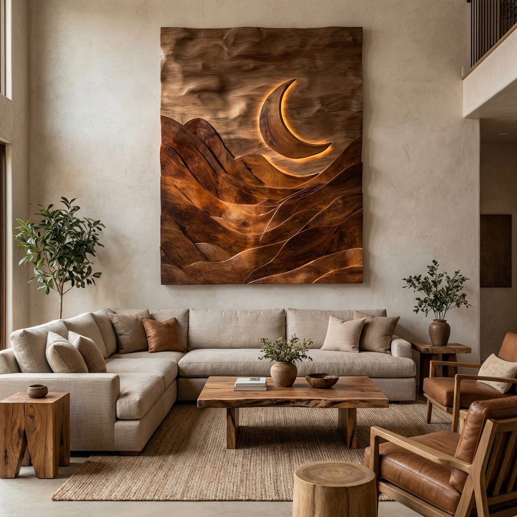 Large Crescent Moon Wood Wall Art For Living Room