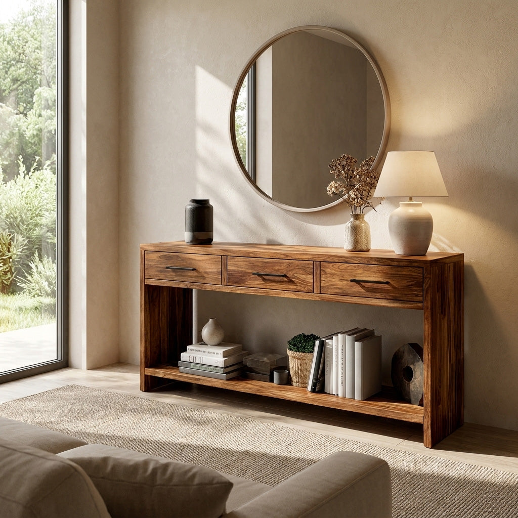 Handcrafted Wooden Console Table With Drawers For Living Room
