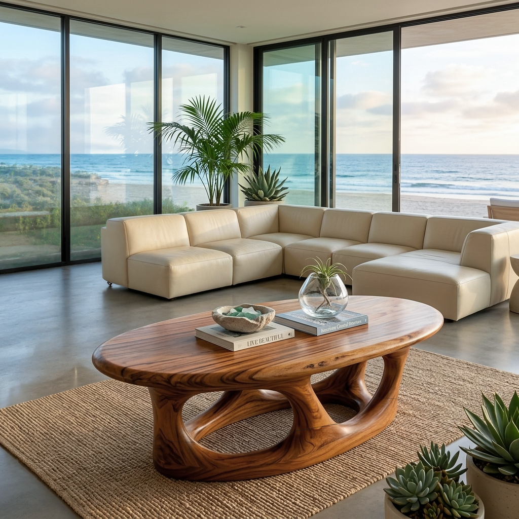 Organic Coffee Table With Hollow Sculptural Base For Living Room