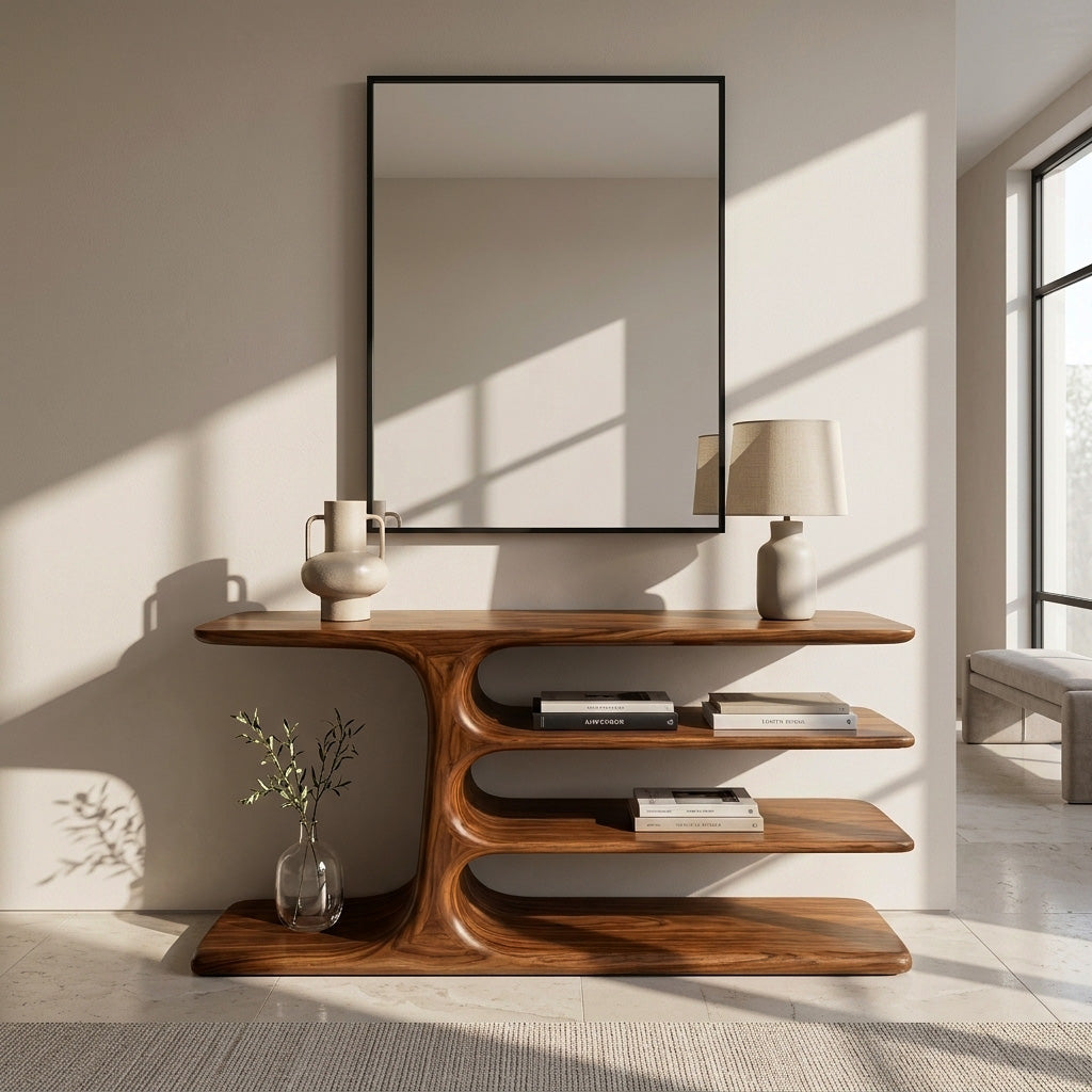 Organic Wooden Console Table With Layered Shelving For Hallway