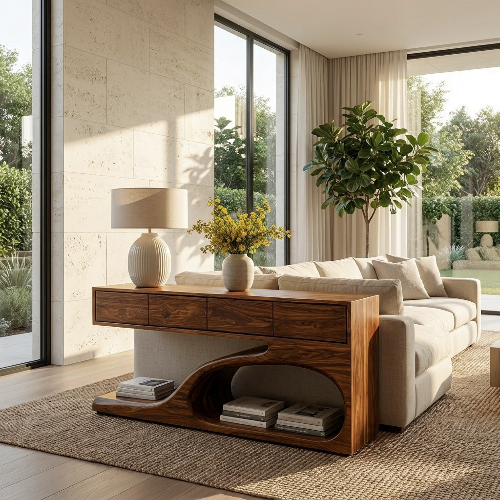 Contemporary Wooden Console Table With Unique Base For Living