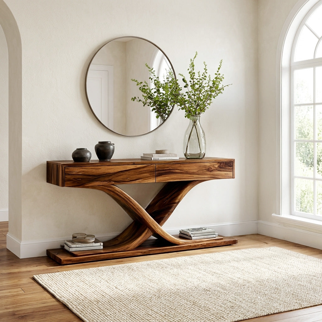 Sculptural Wooden Console Table For Modern Living Room