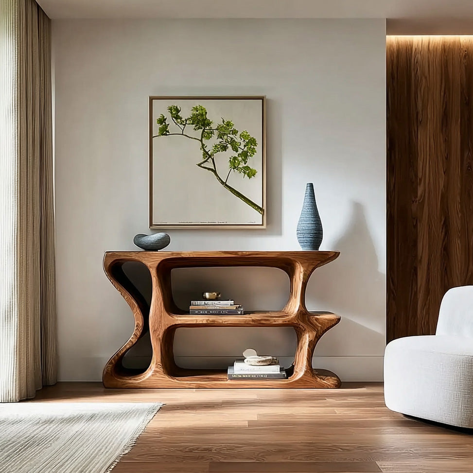 Organic Sculptural Wooden Console Table For Cozy Living Room