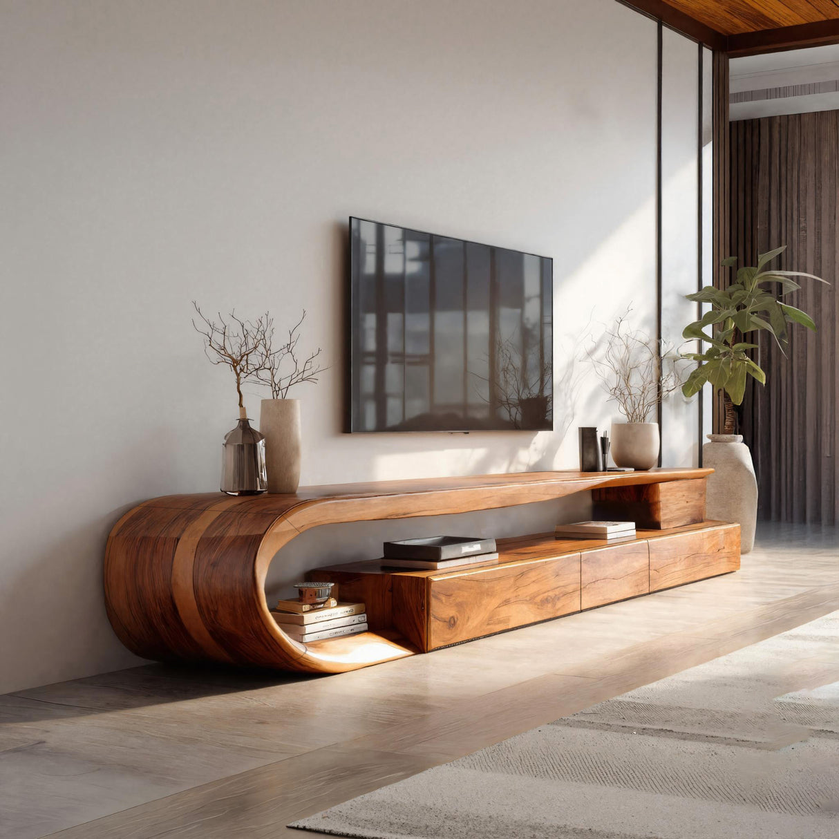 Modern Curved TV Console With Drawer For Living Room
