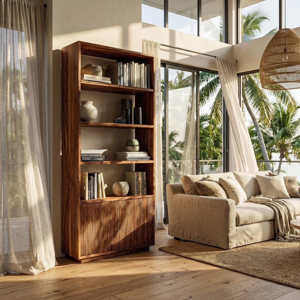 Minimal Wooden Bookcase For Coastal Living Room