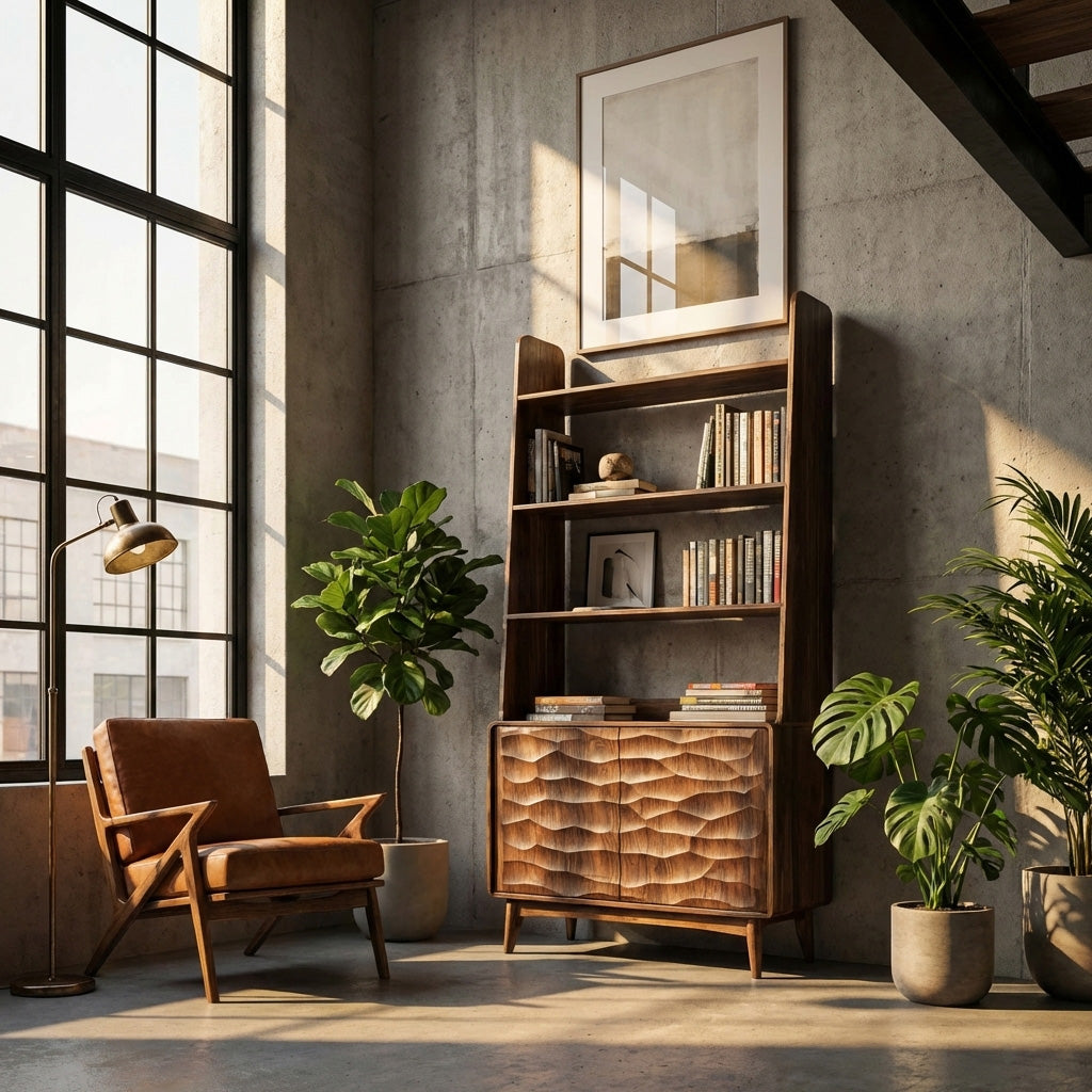 Modern Wooden Bookshelf With Carved Cabinet Doors For Home