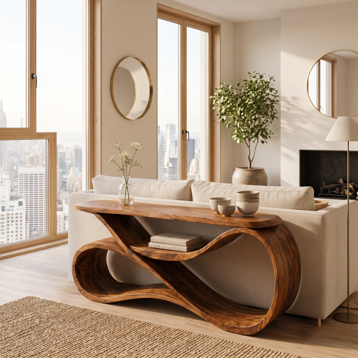 Modern Wooden Console Table Flowing Shelf Design For Living